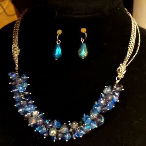 Blue Grey Chunky Statement Necklace and Earrings